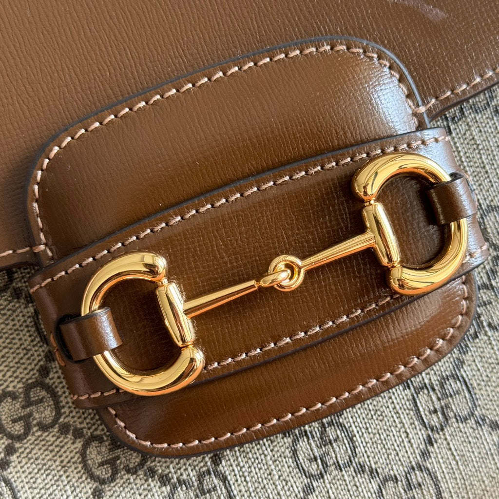 Gucci 25S Horsebit 1955 Medium Shoulder Bag 29 cm in Dark Beige Canvas and Brown Calfskin with Gold Hardware
