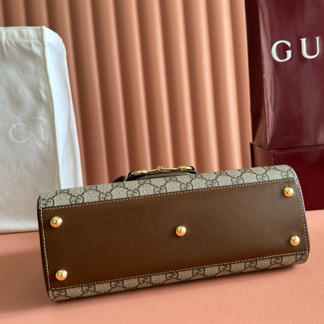 Gucci 25S Horsebit 1955 Medium Shoulder Bag 29 cm in Dark Beige Canvas and Brown Calfskin with Gold Hardware