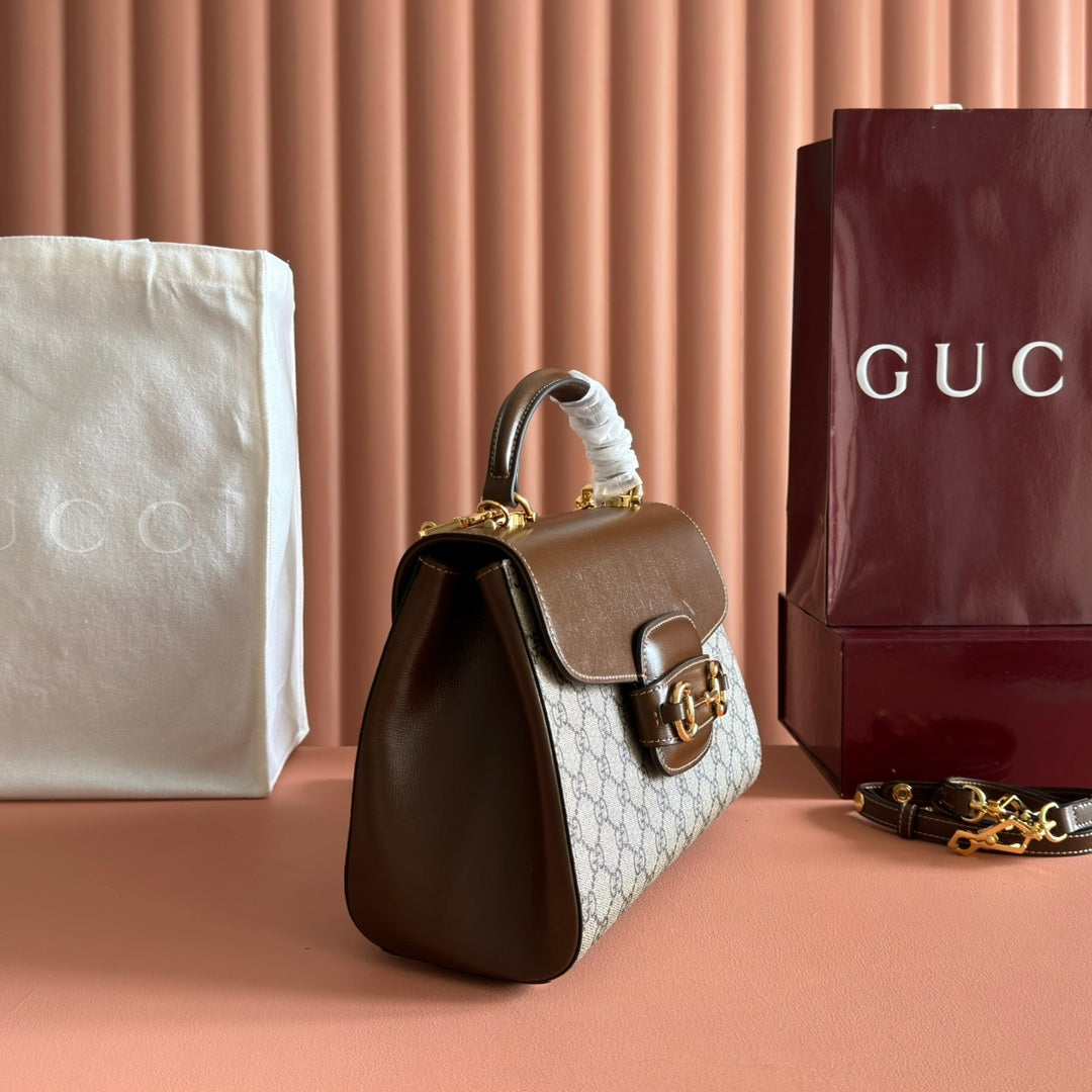 Gucci 25S Horsebit 1955 Medium Shoulder Bag 29 cm in Dark Beige Canvas and Brown Calfskin with Gold Hardware