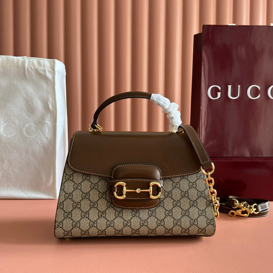 Gucci 25S Horsebit 1955 Medium Shoulder Bag 29 cm in Dark Beige Canvas and Brown Calfskin with Gold Hardware