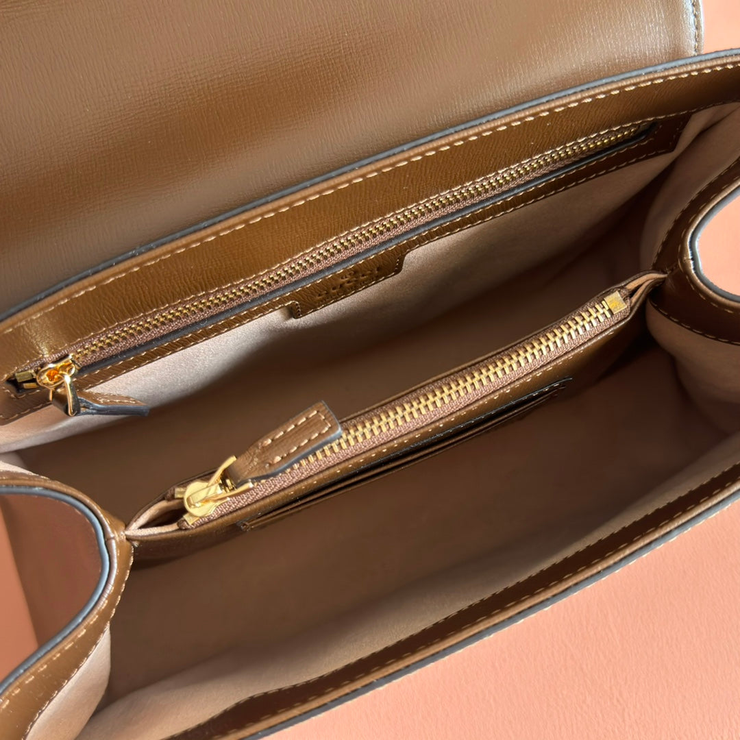 Gucci 25S Horsebit 1955 Medium Shoulder Bag 29 cm in Dark Beige Canvas and Brown Calfskin with Gold Hardware