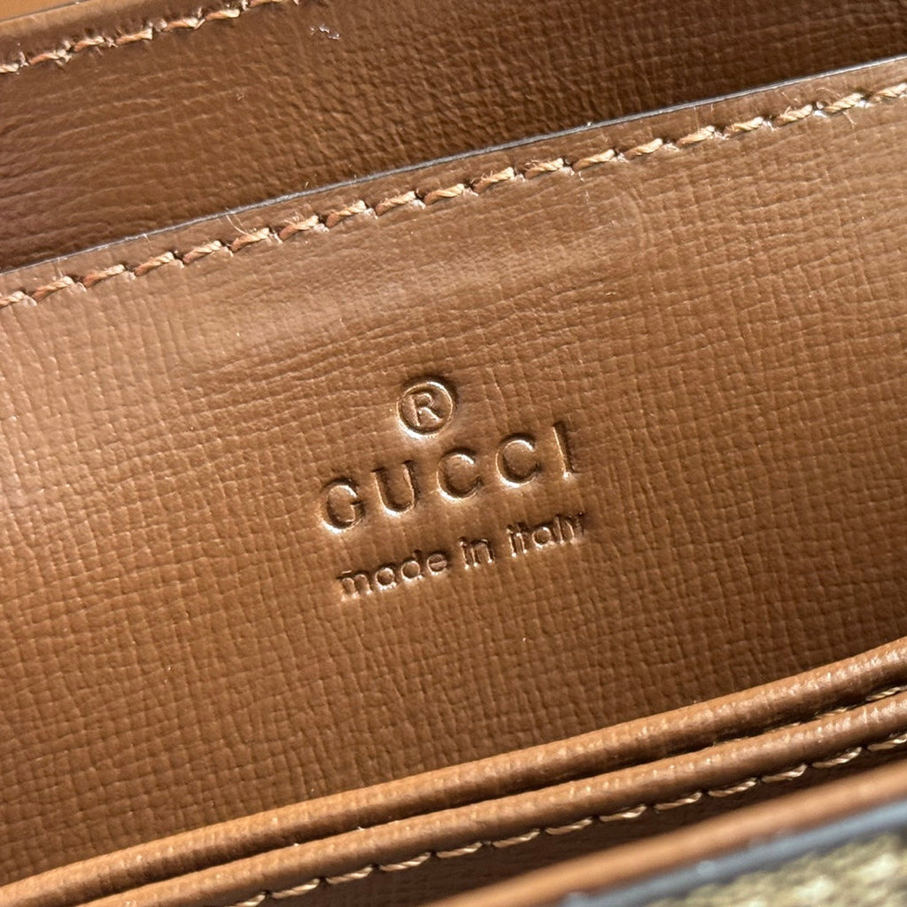 Gucci 25S Horsebit 1955 Medium Shoulder Bag 22 cm in Dark Beige Canvas and Brown Calfskin with Gold Hardware