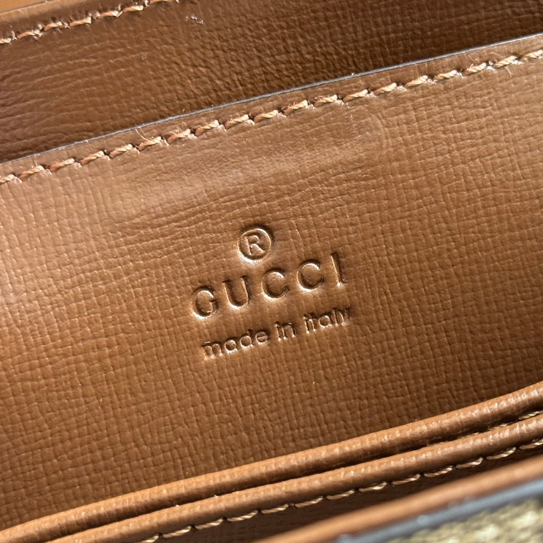 Gucci 25S Horsebit 1955 Medium Shoulder Bag 22 cm in Dark Beige Canvas and Brown Calfskin with Gold Hardware
