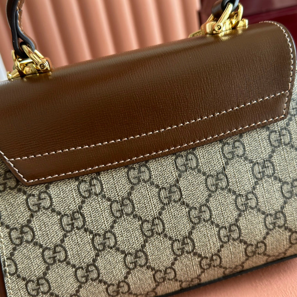 Gucci 25S Horsebit 1955 Medium Shoulder Bag 22 cm in Dark Beige Canvas and Brown Calfskin with Gold Hardware