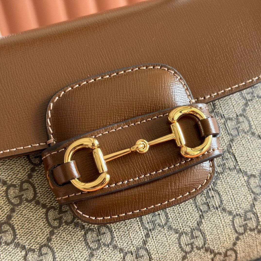 Gucci 25S Horsebit 1955 Medium Shoulder Bag 22 cm in Dark Beige Canvas and Brown Calfskin with Gold Hardware