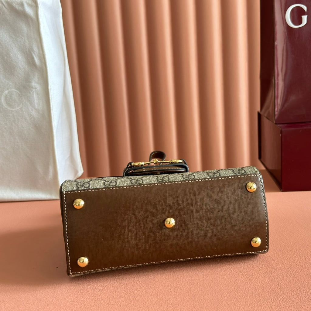 Gucci 25S Horsebit 1955 Medium Shoulder Bag 22 cm in Dark Beige Canvas and Brown Calfskin with Gold Hardware