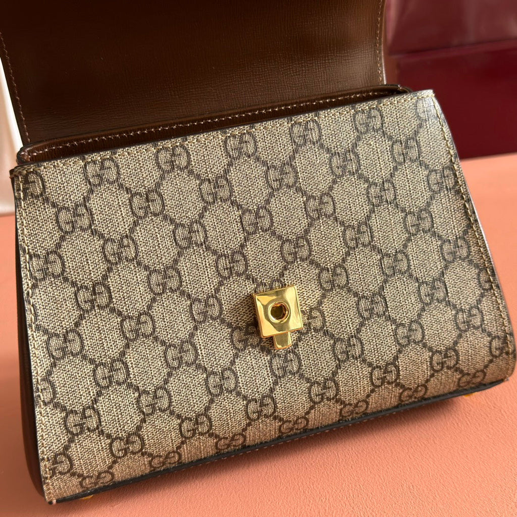 Gucci 25S Horsebit 1955 Medium Shoulder Bag 22 cm in Dark Beige Canvas and Brown Calfskin with Gold Hardware