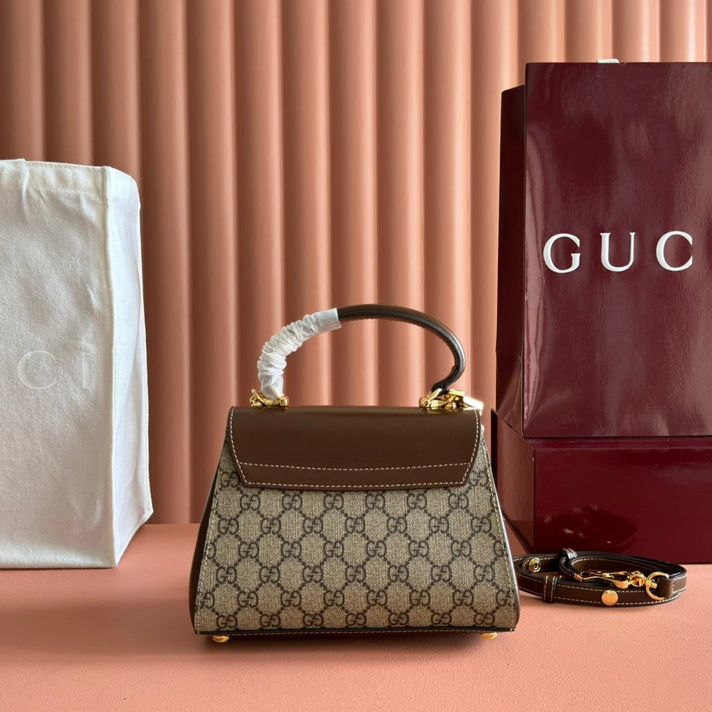 Gucci 25S Horsebit 1955 Medium Shoulder Bag 22 cm in Dark Beige Canvas and Brown Calfskin with Gold Hardware