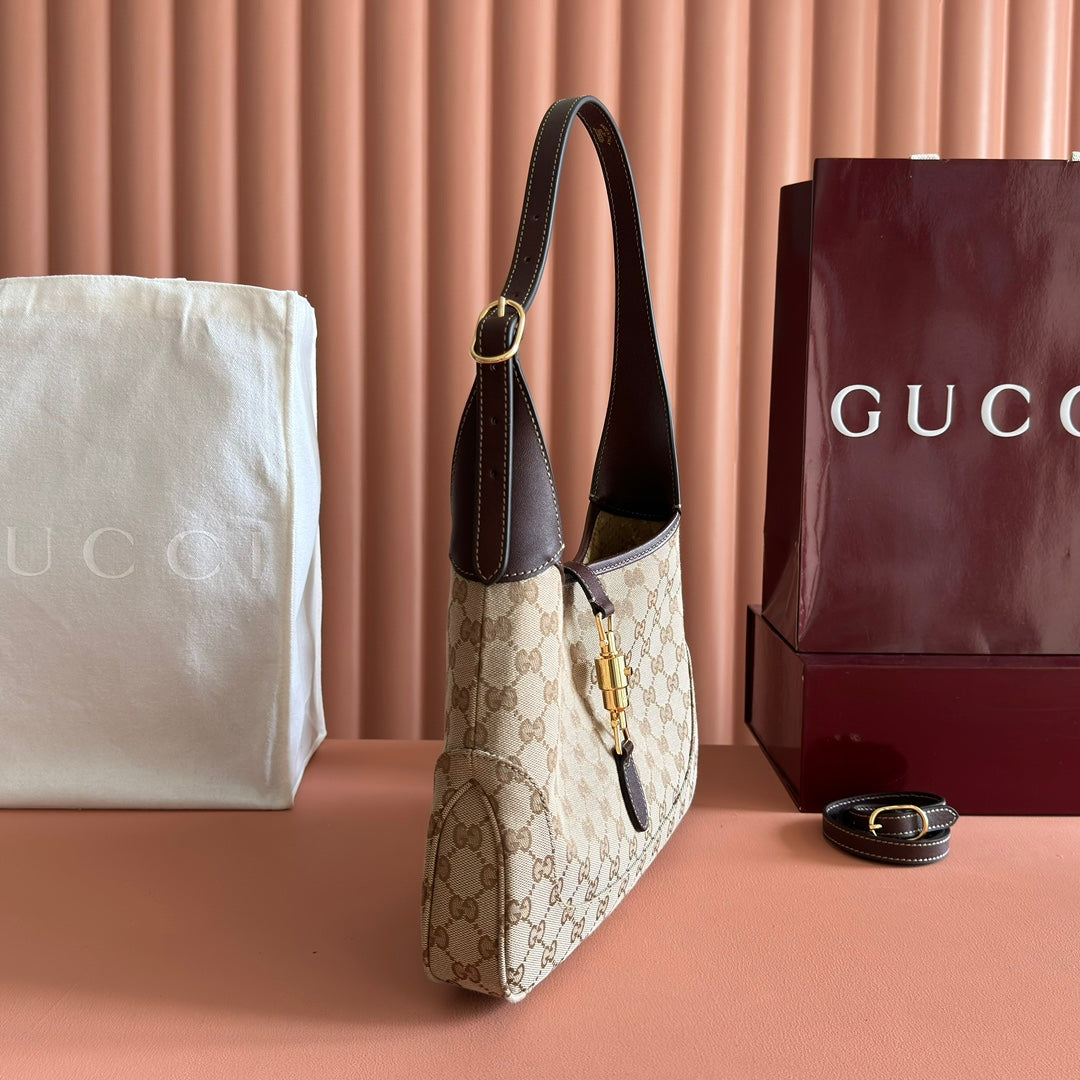Gucci 25S Jackie Monogram 28 cm in Light Brown Canvas and Calfskin Bag