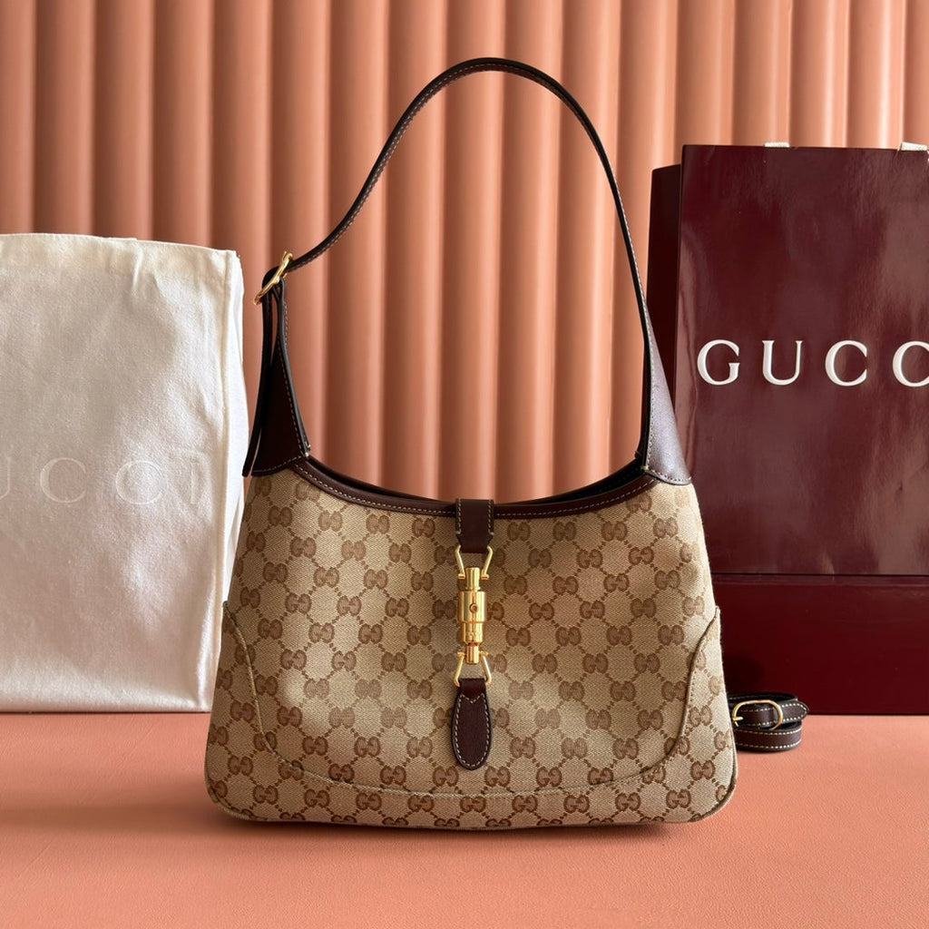 Gucci 25S Jackie Monogram 28 cm in Light Brown Canvas and Calfskin Bag