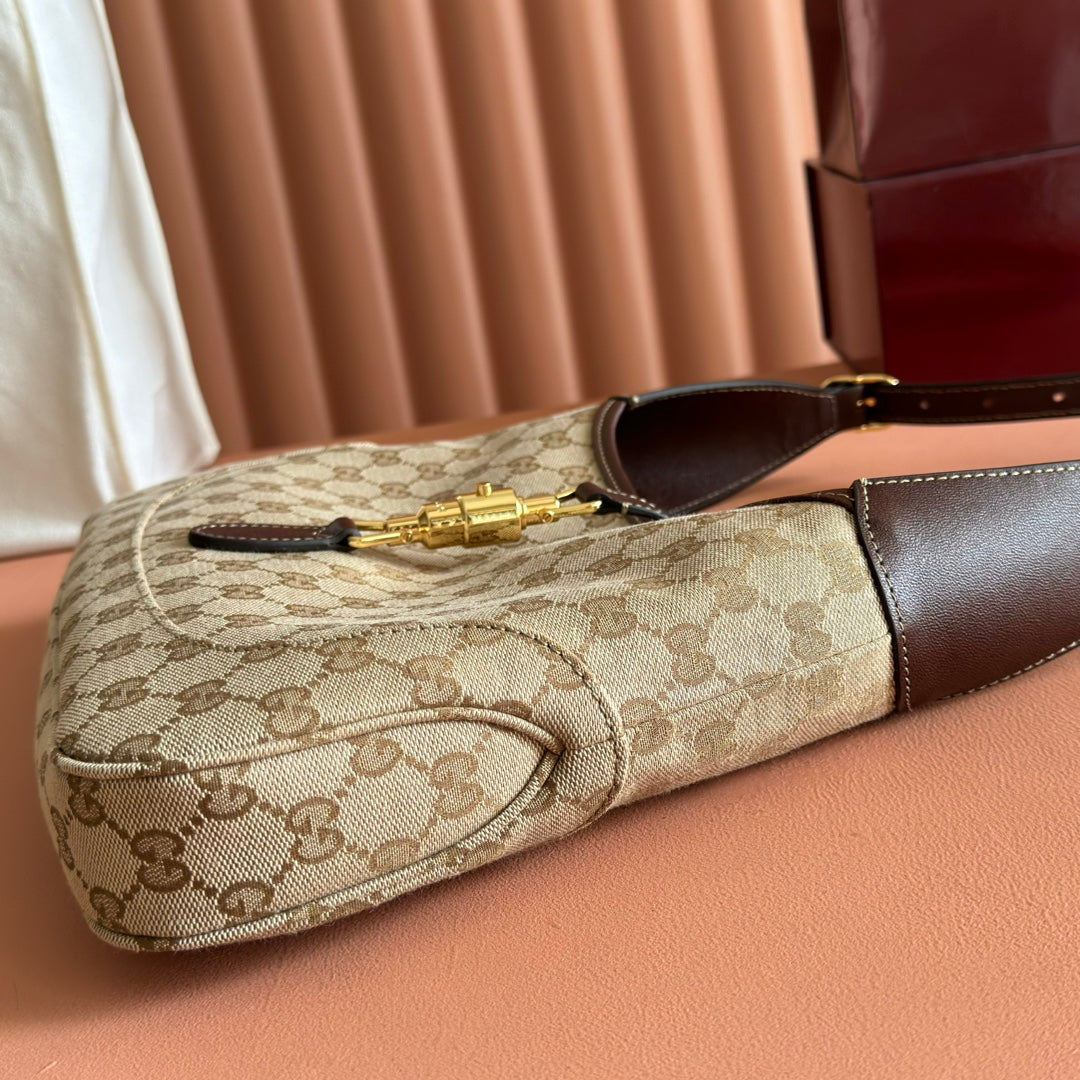 Gucci 25S Jackie Monogram 28 cm in Light Brown Canvas and Calfskin Bag