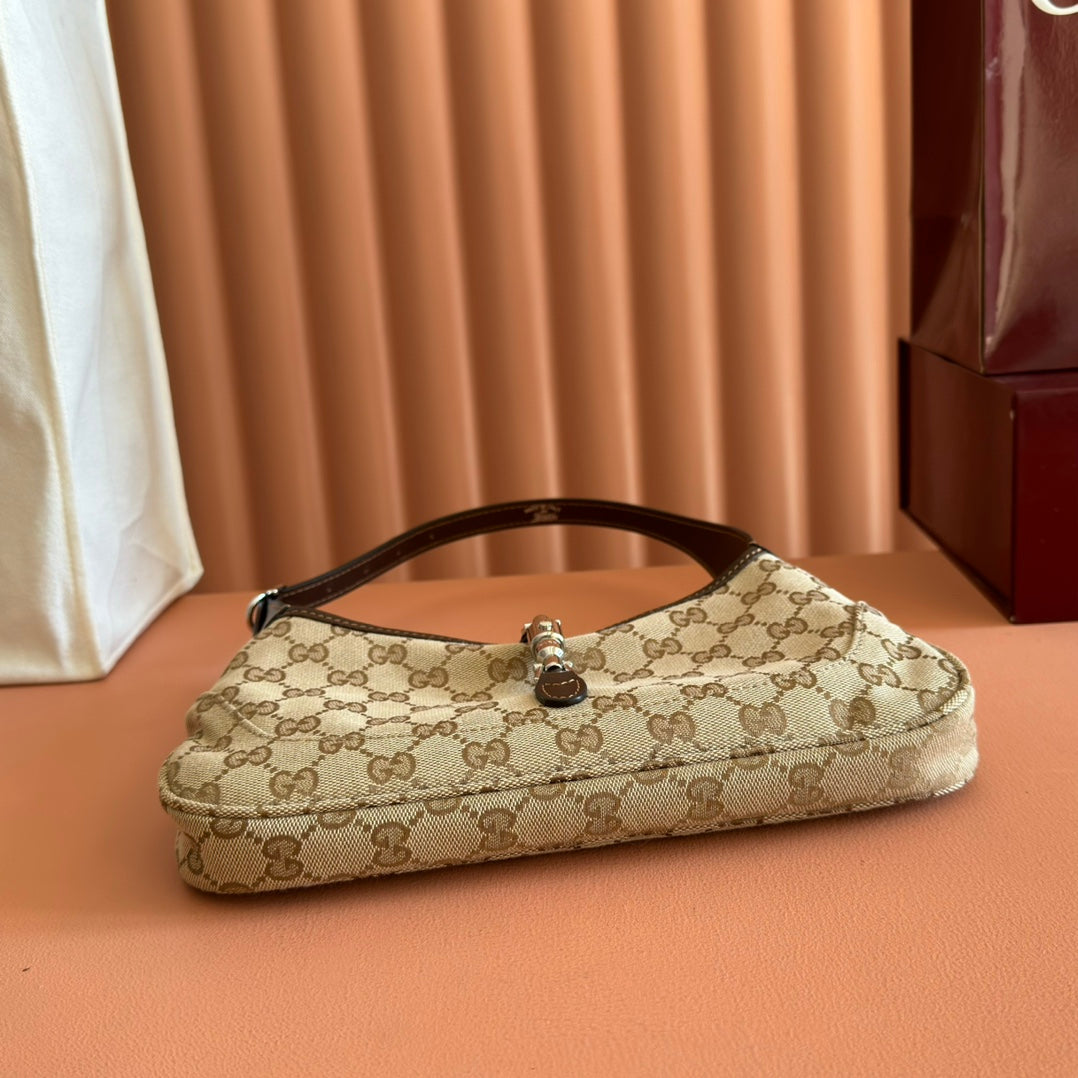 Gucci 25S Jackie Monogram 27 cm in Light Brown Canvas and Calfskin Bag