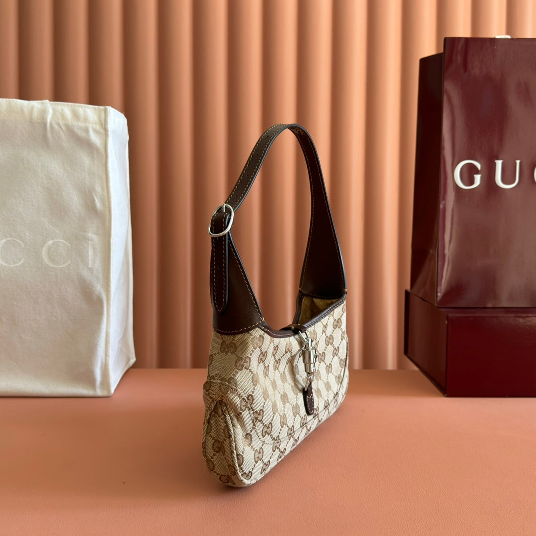 Gucci 25S Jackie Monogram 27 cm in Light Brown Canvas and Calfskin Bag