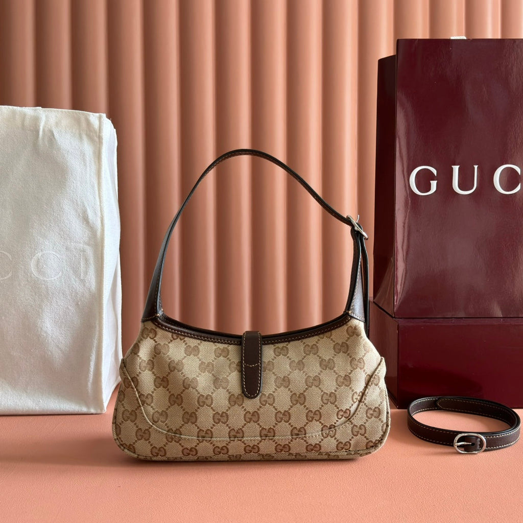 Gucci 25S Jackie Monogram 27 cm in Light Brown Canvas and Calfskin Bag