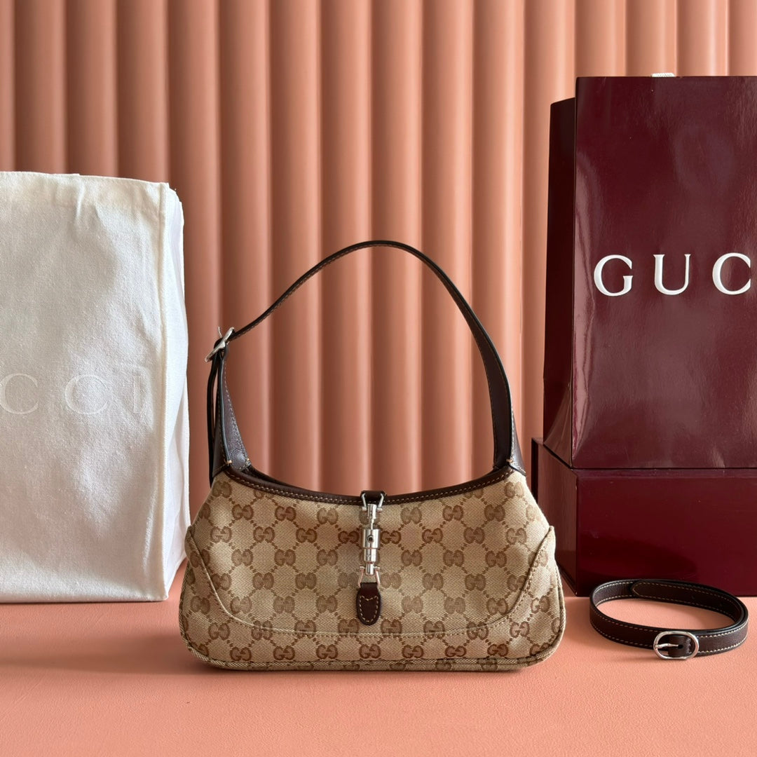 Gucci 25S Jackie Monogram 27 cm in Light Brown Canvas and Calfskin Bag