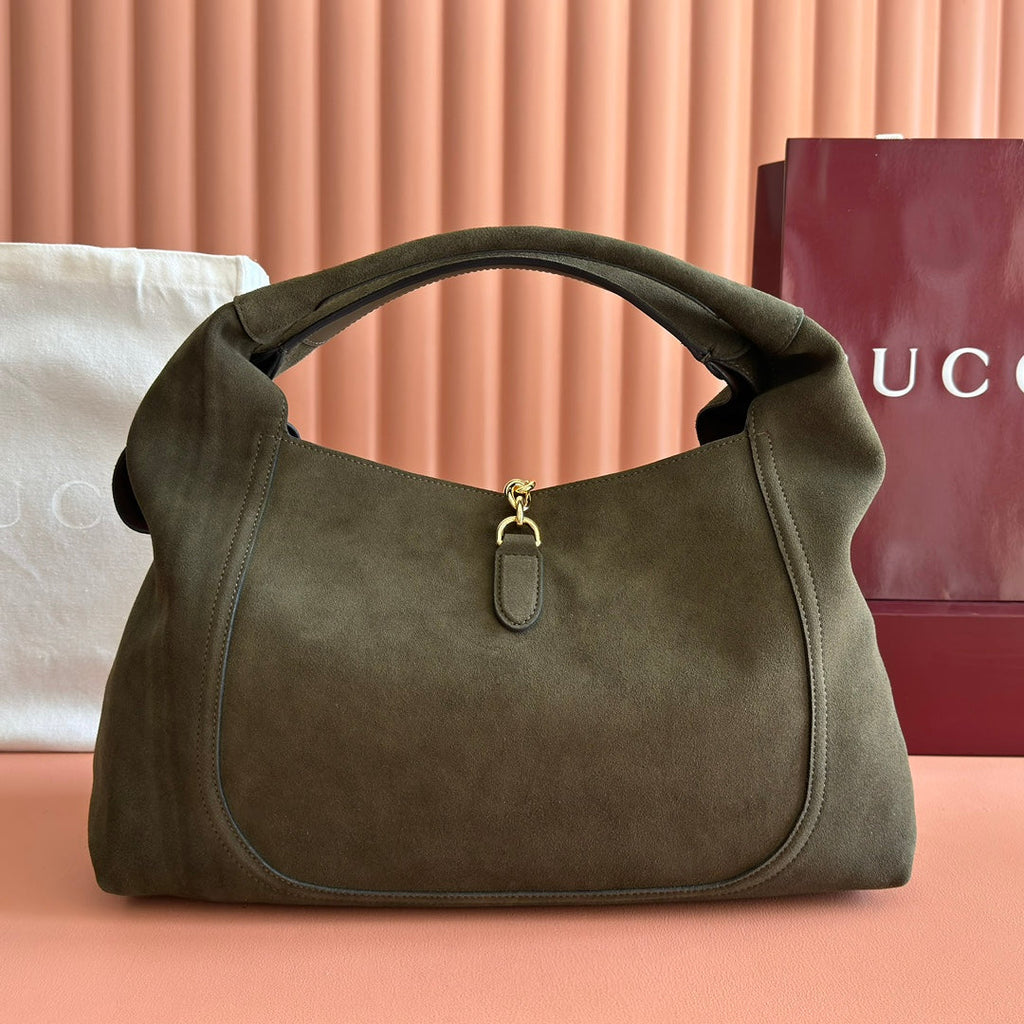 Gucci 26S Softbit Shoulder Bag 46 in Dark Olive Green Suede
