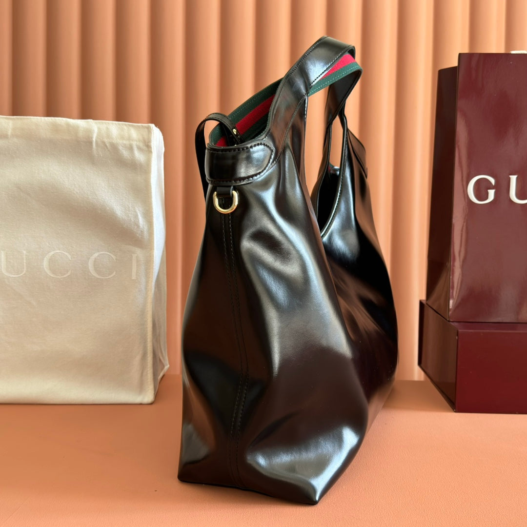 Gucci 26S Giglio Large Tote Bag 60 in Black Shiny Calfskin