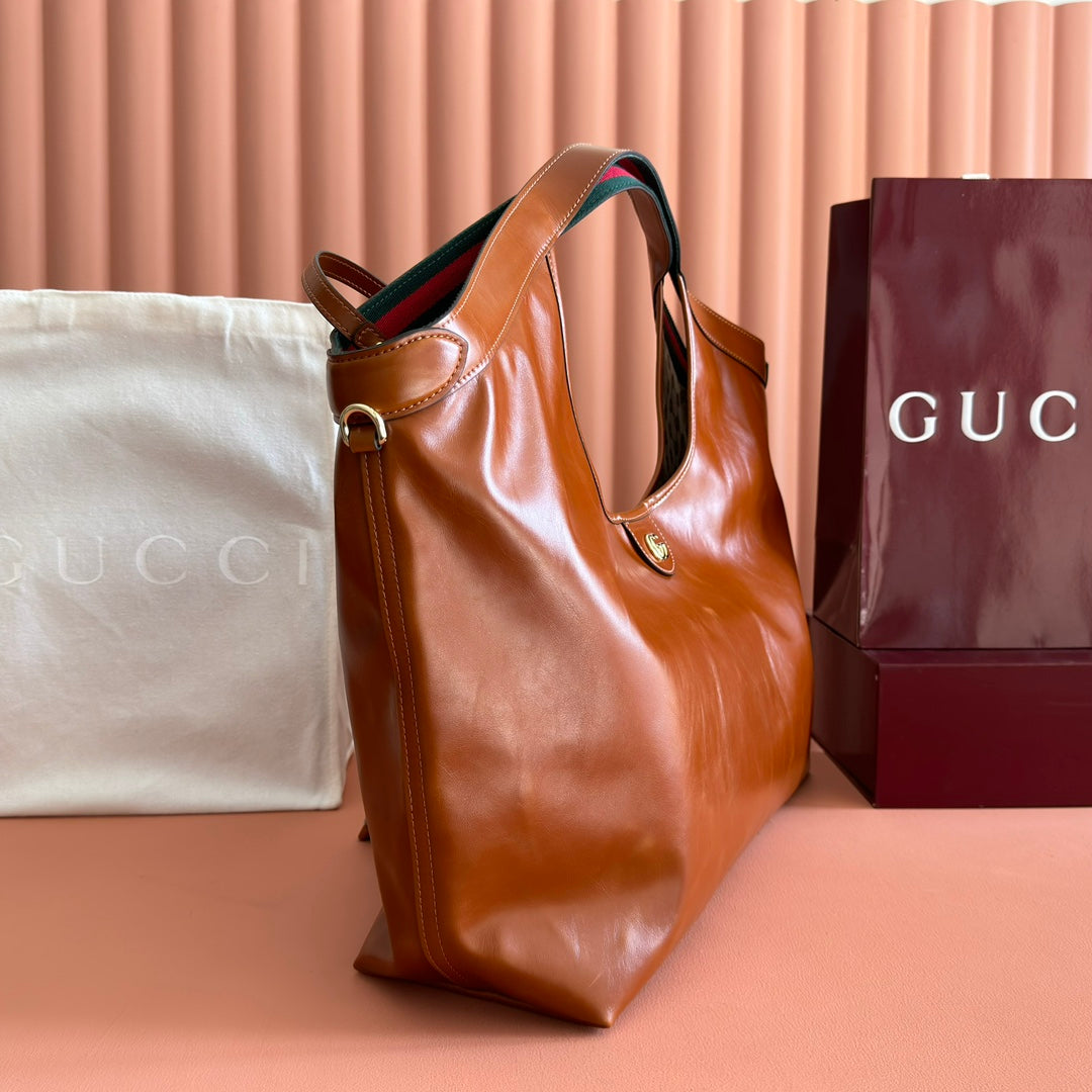 Gucci 26S Giglio Large Tote Bag 60 in Dark Brown Shiny Calfskin
