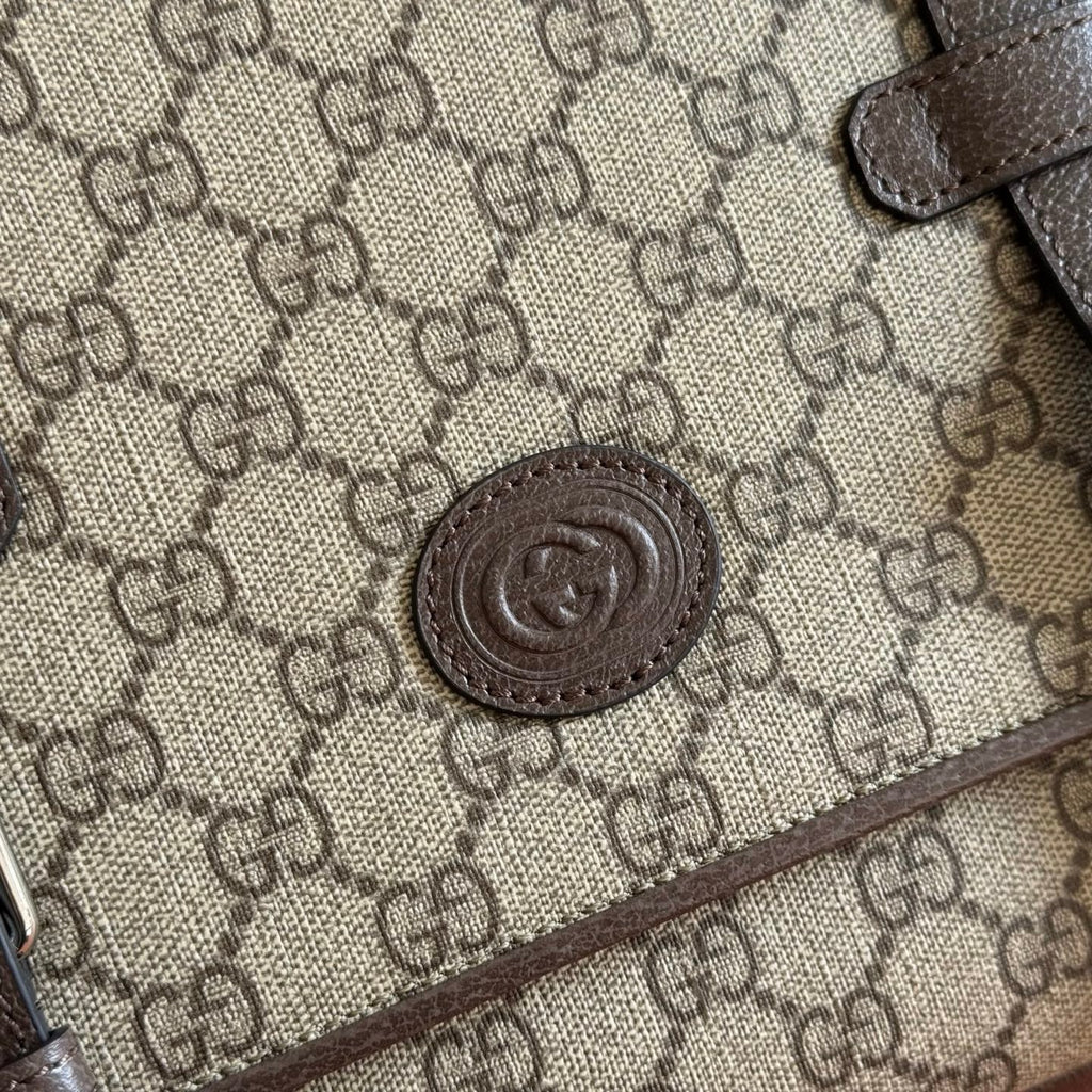 Gucci 26S Messenger Crossbody Bag 28 in Dark Beige and Brown Canvas