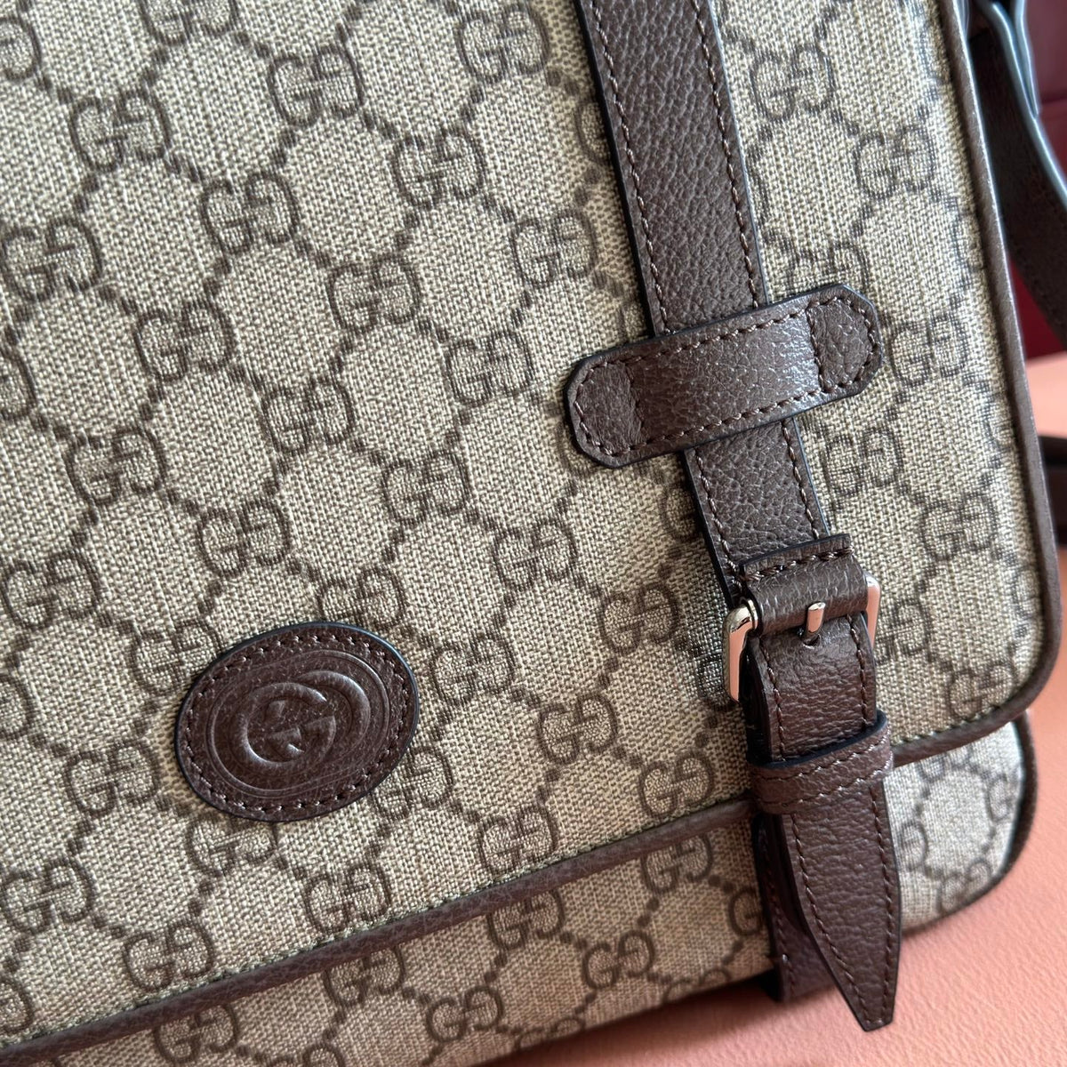Gucci 26S Messenger Crossbody Bag 28 in Dark Beige and Brown Canvas