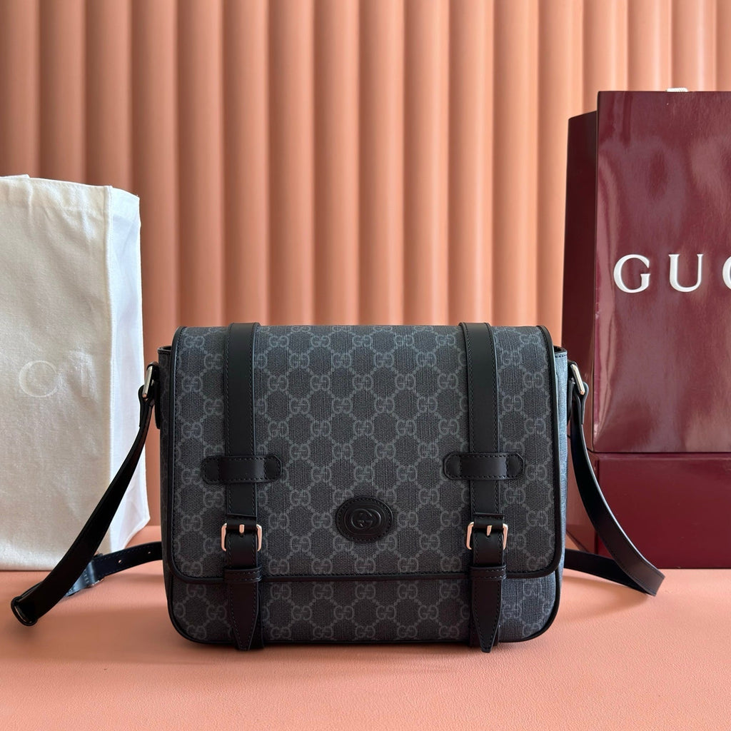 Gucci 26S Messenger Crossbody Bag 28 in Charcoal Gray Canvas