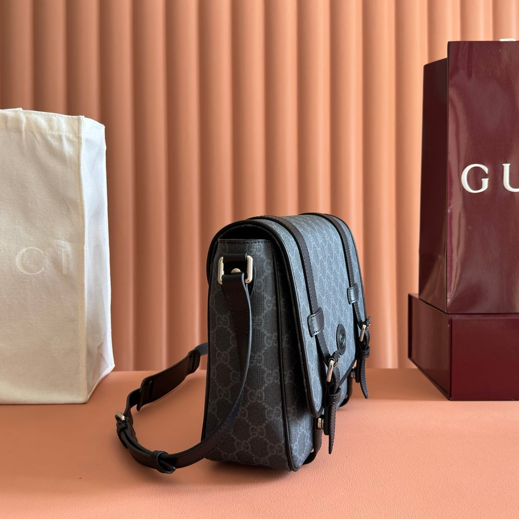Gucci 26S Messenger Crossbody Bag 28 in Charcoal Gray Canvas