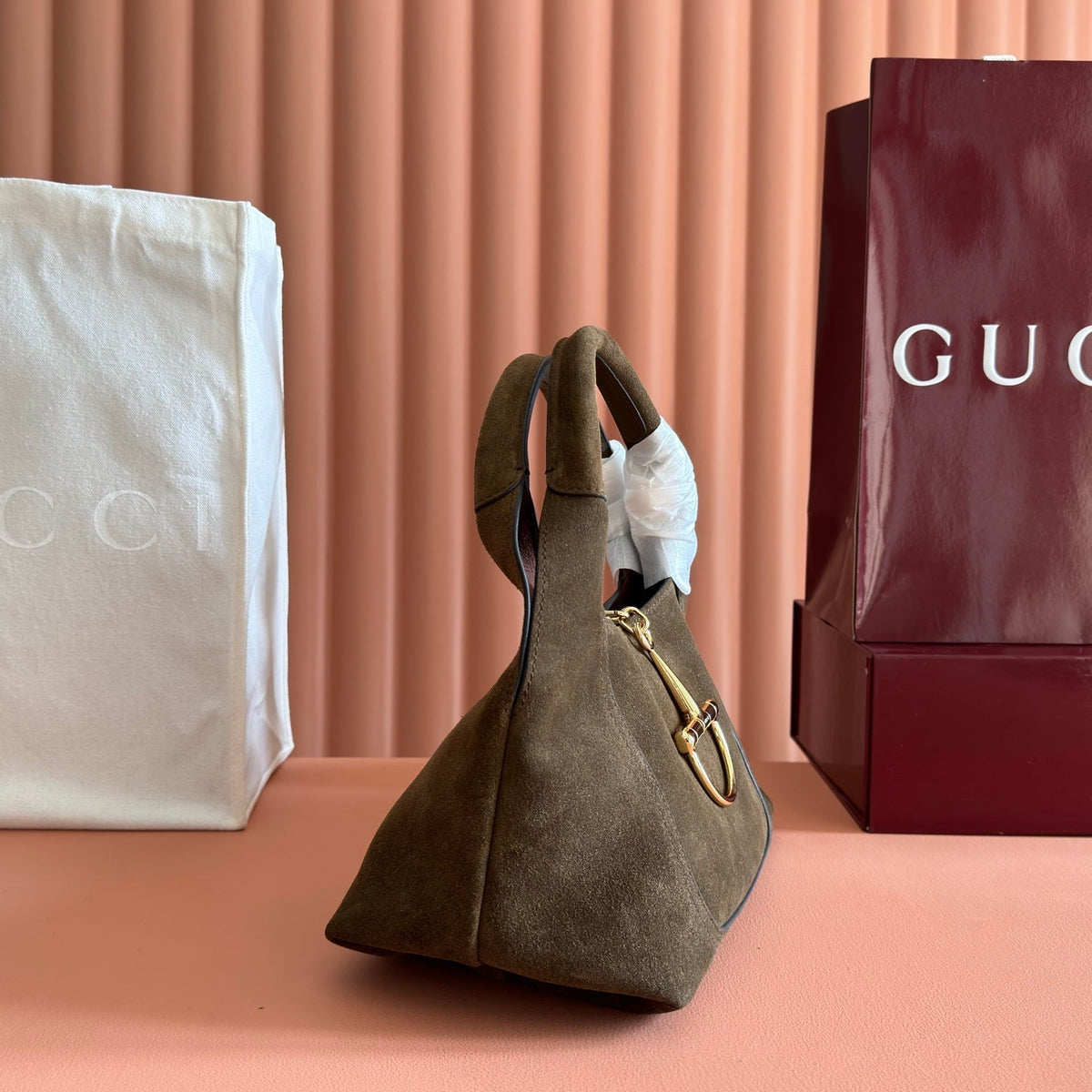 Gucci 26S Softbit Shoulder Bag 27 in Dark Brown Suede