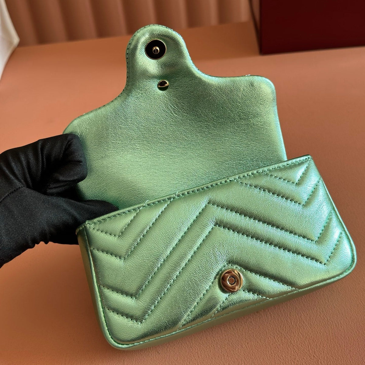 Gucci 26S Marmont Bag 16 in Metallic Pale Green Lambskin