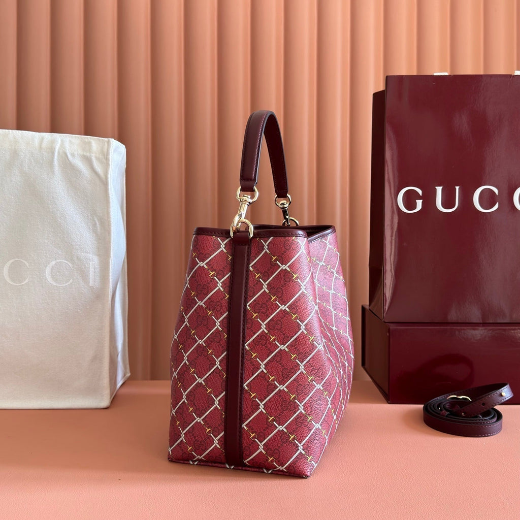 Gucci 26S Emblem Bucket Bag 25 in Dark Red Coated Fabric