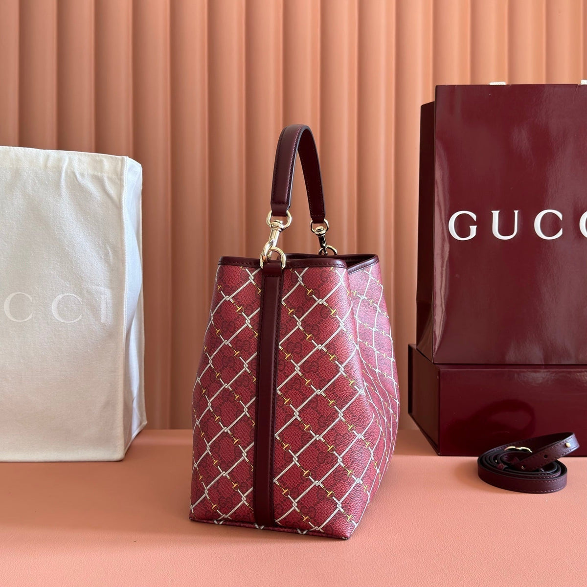 Gucci 26S Emblem Bucket Bag 25 in Dark Red Coated Fabric