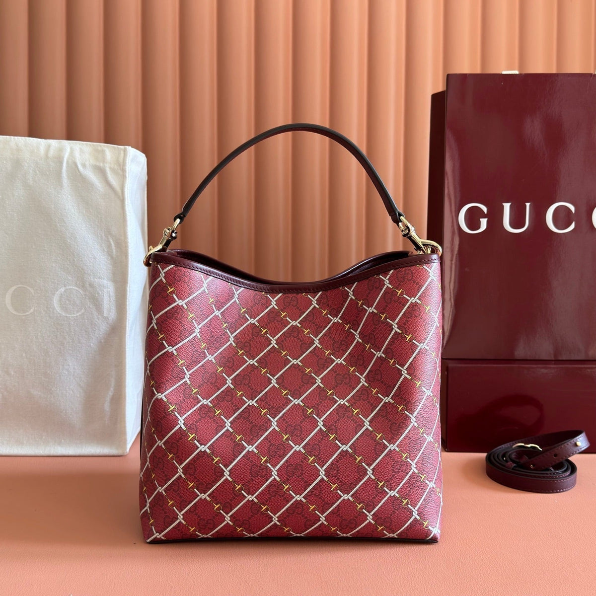 Gucci 26S Emblem Bucket Bag 25 in Dark Red Coated Fabric