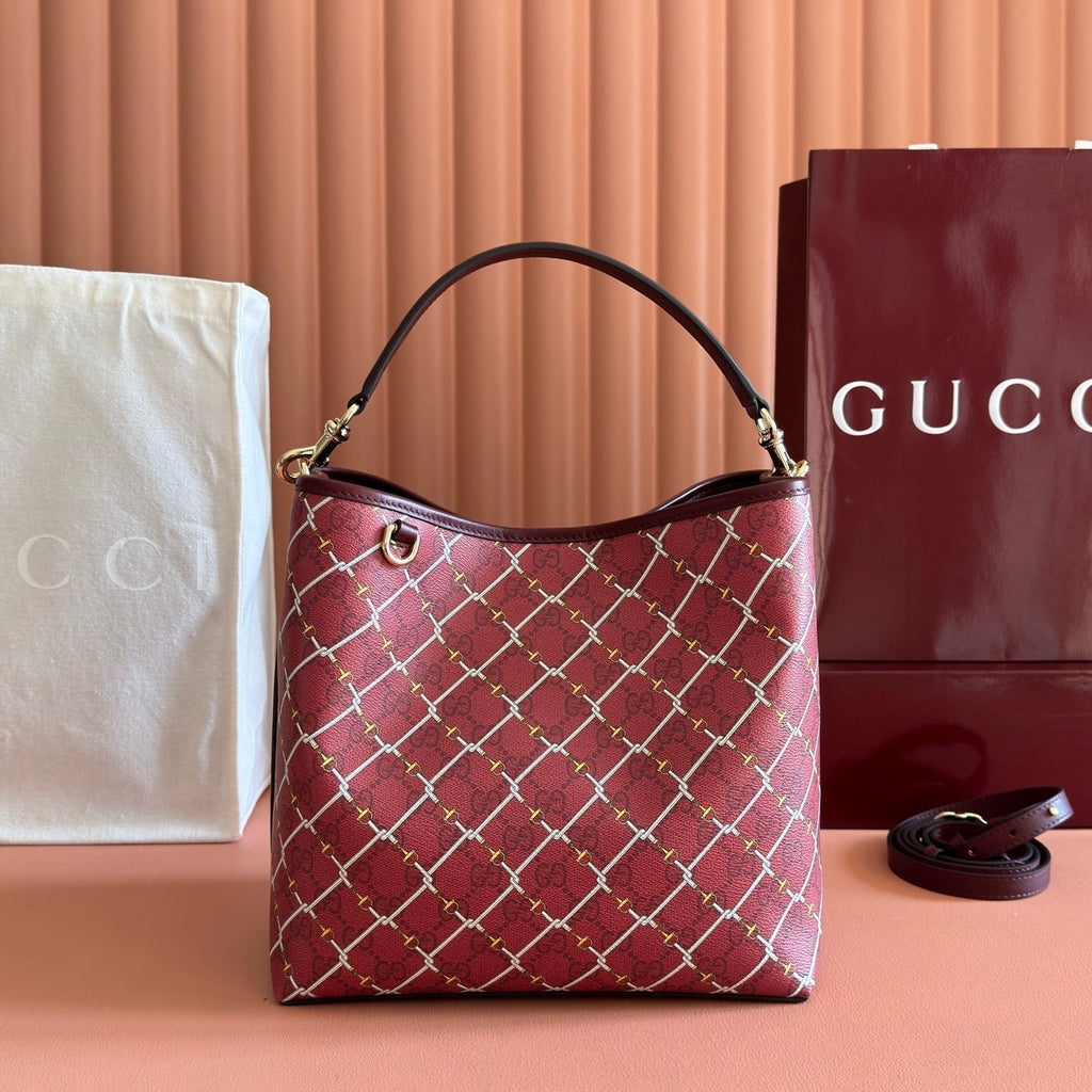 Gucci 26S Emblem Bucket Bag 25 in Dark Red Coated Fabric