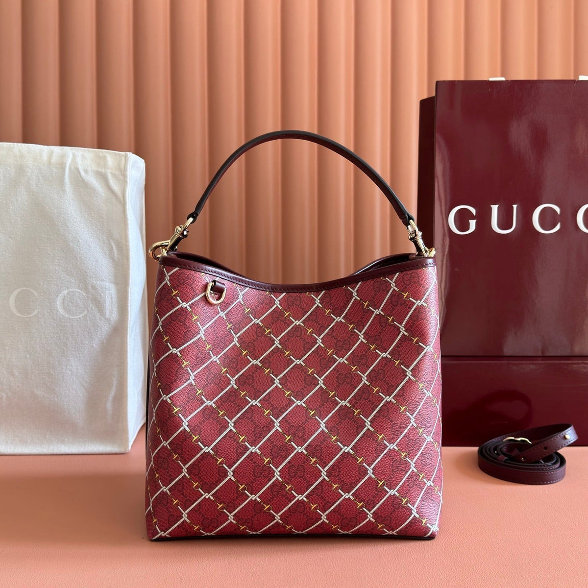 Gucci 26S Emblem Bucket Bag 25 in Dark Red Coated Fabric