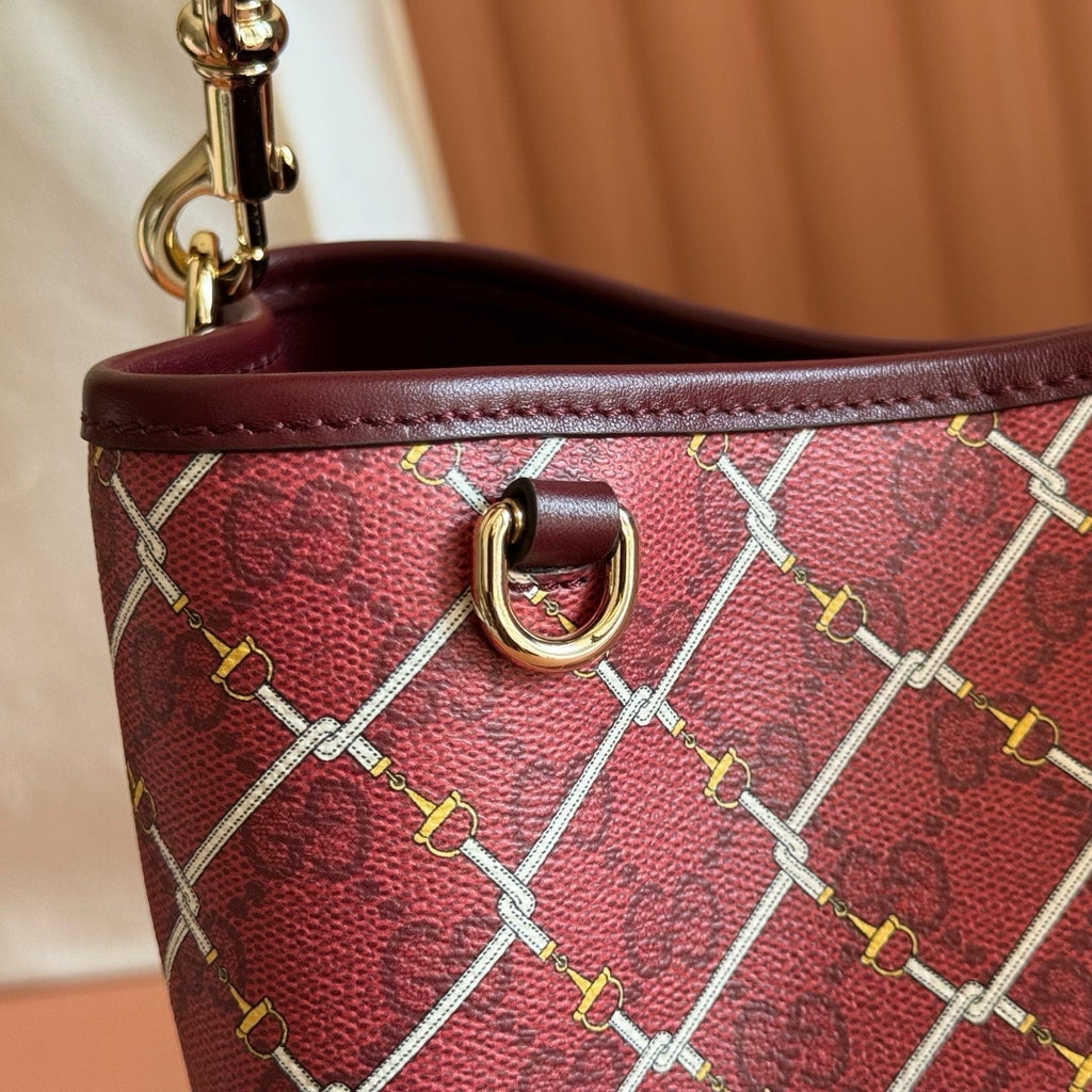 Gucci 26S Emblem Bucket Bag 25 in Dark Red Coated Fabric