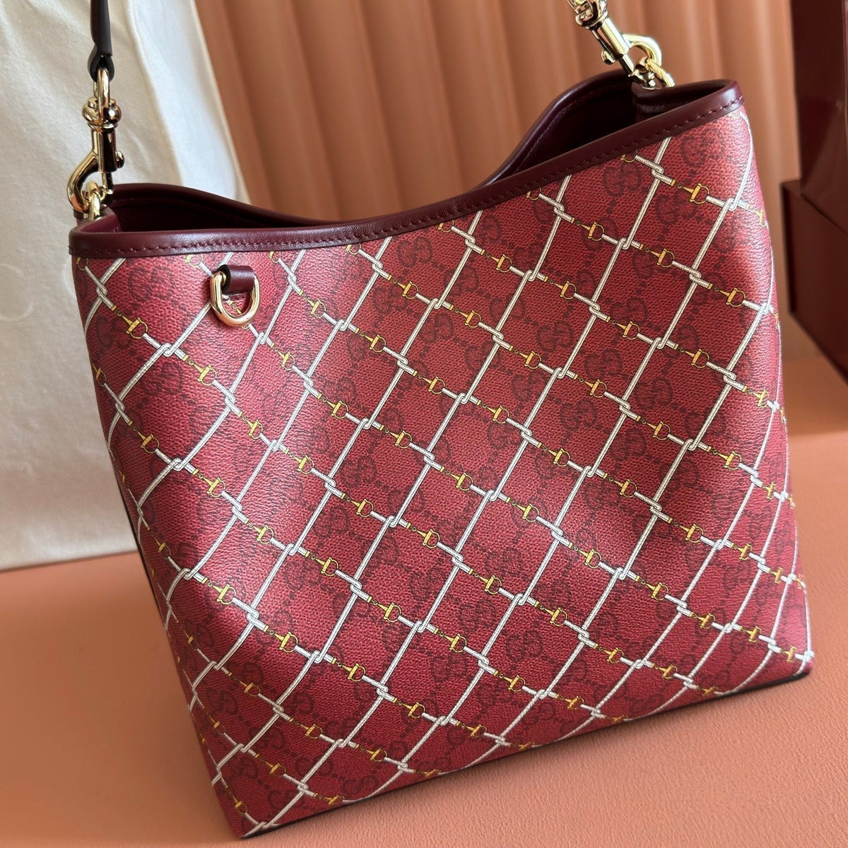 Gucci 26S Emblem Bucket Bag 25 in Dark Red Coated Fabric