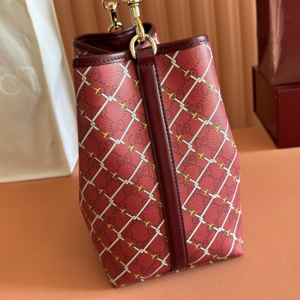Gucci 26S Emblem Bucket Bag 25 in Dark Red Coated Fabric