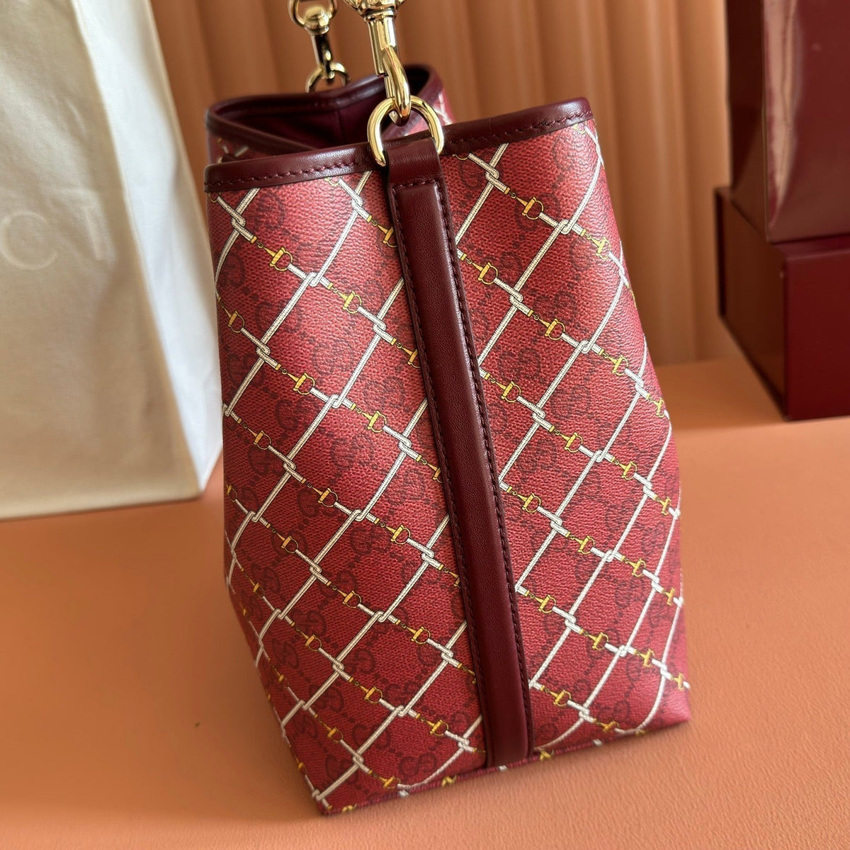 Gucci 26S Emblem Bucket Bag 25 in Dark Red Coated Fabric