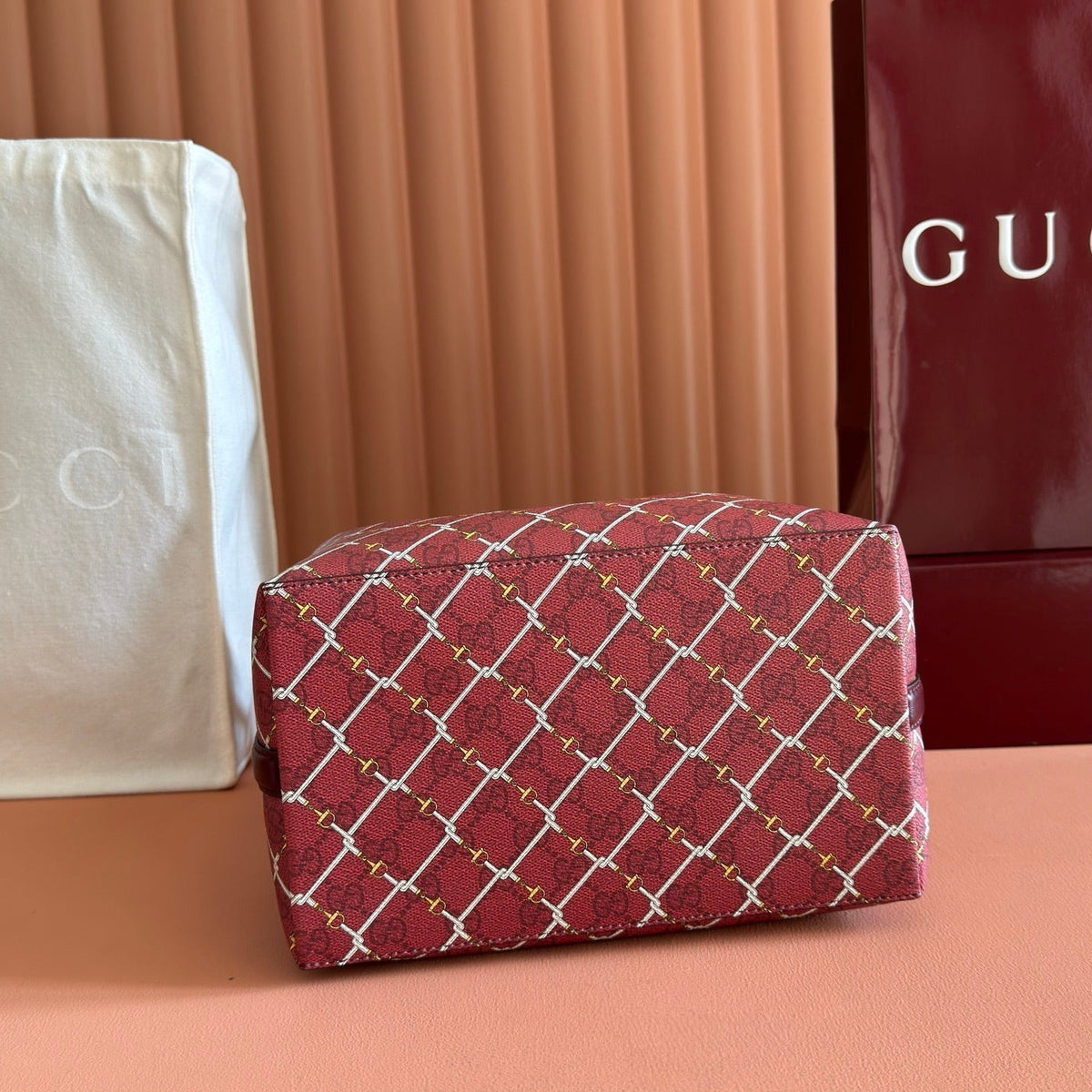 Gucci 26S Emblem Bucket Bag 25 in Dark Red Coated Fabric