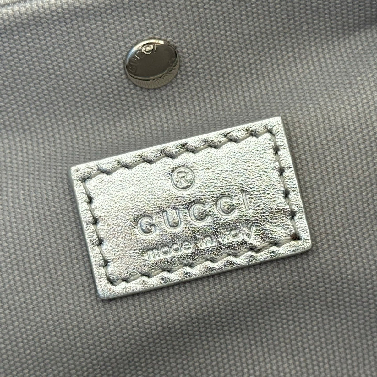 Gucci 26S Emblem Bucket Bag 19 in Beige and Silver Canvas