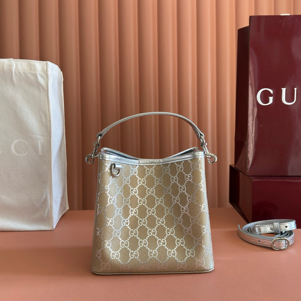 Gucci 26S Emblem Bucket Bag 19 in Beige and Silver Canvas
