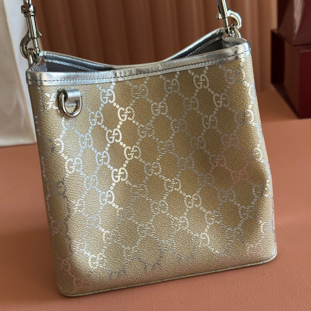 Gucci 26S Emblem Bucket Bag 19 in Beige and Silver Canvas