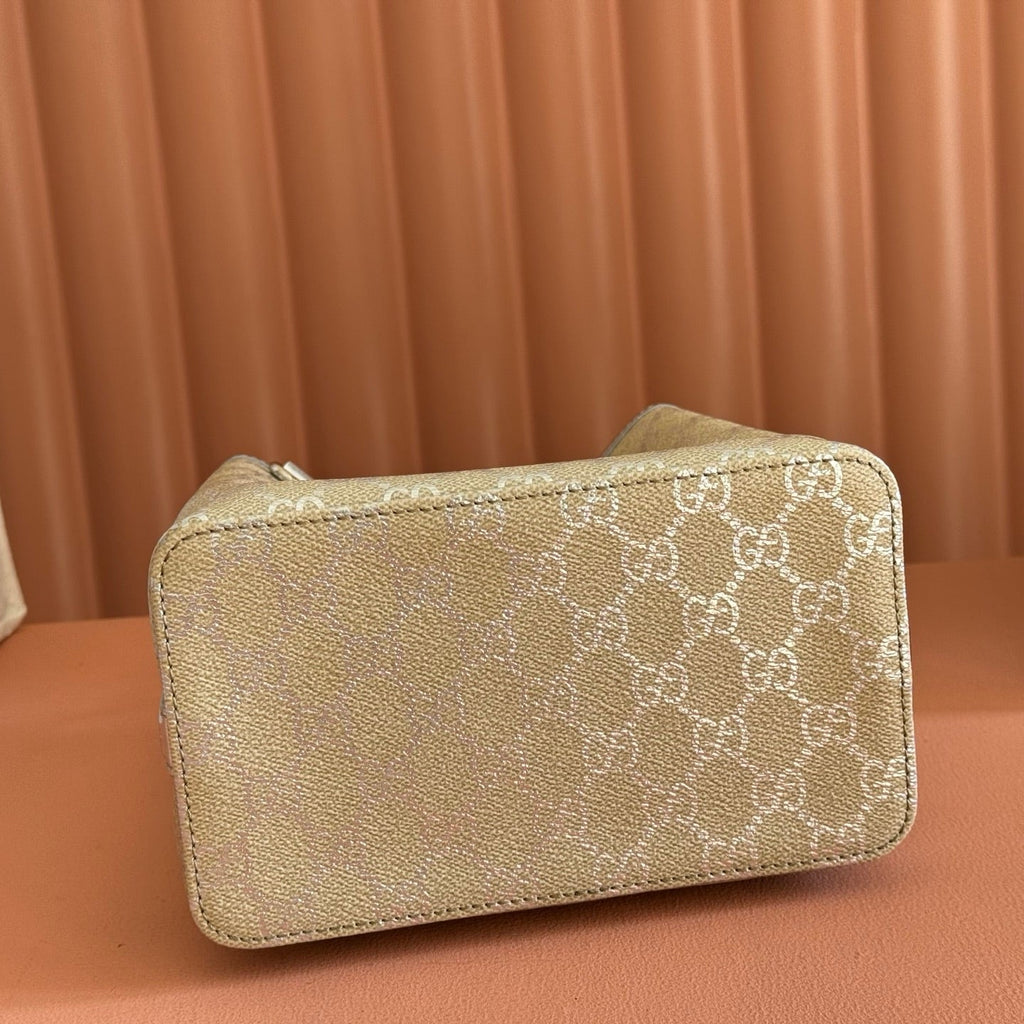 Gucci 26S Emblem Bucket Bag 19 in Beige and Silver Canvas