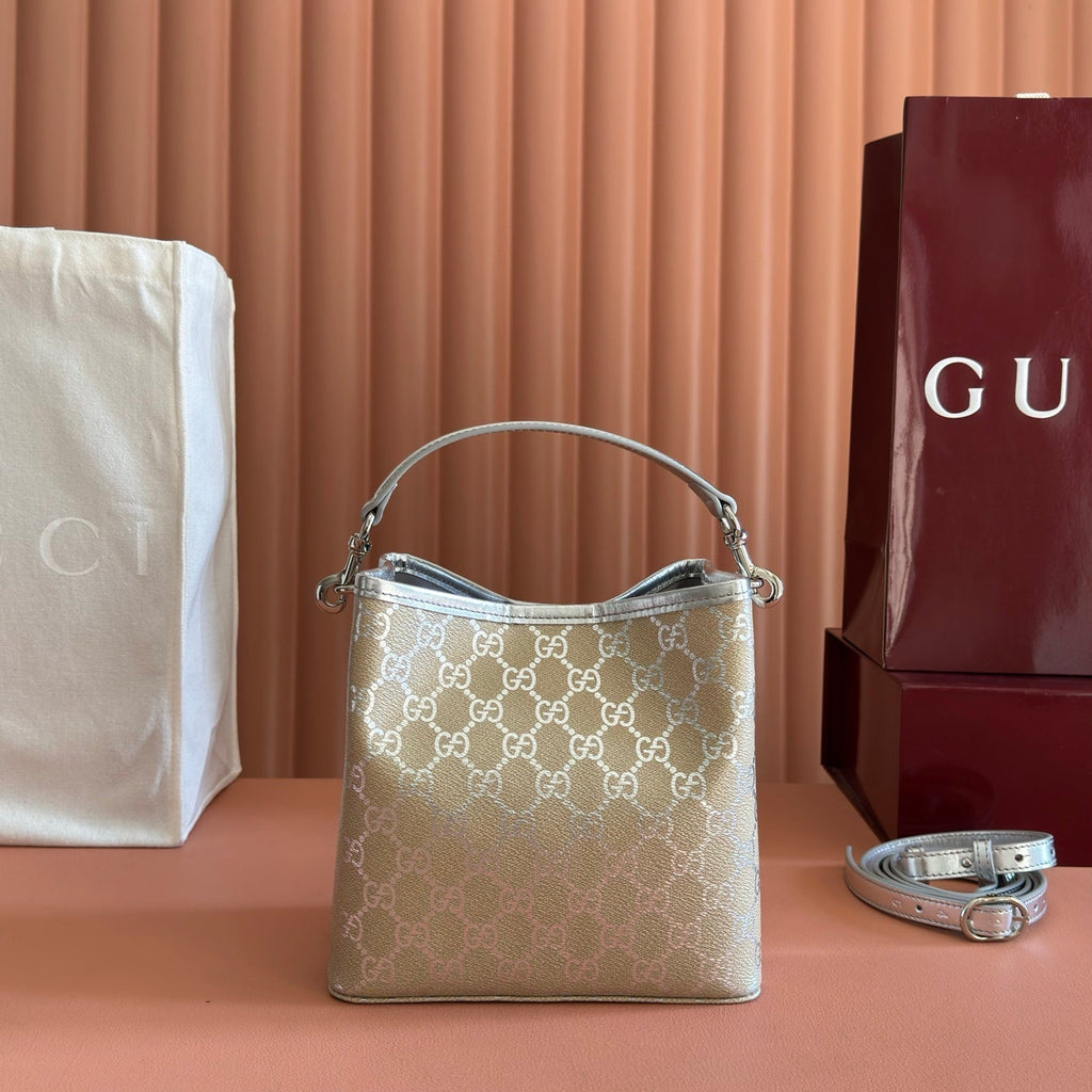 Gucci 26S Emblem Bucket Bag 19 in Beige and Silver Canvas