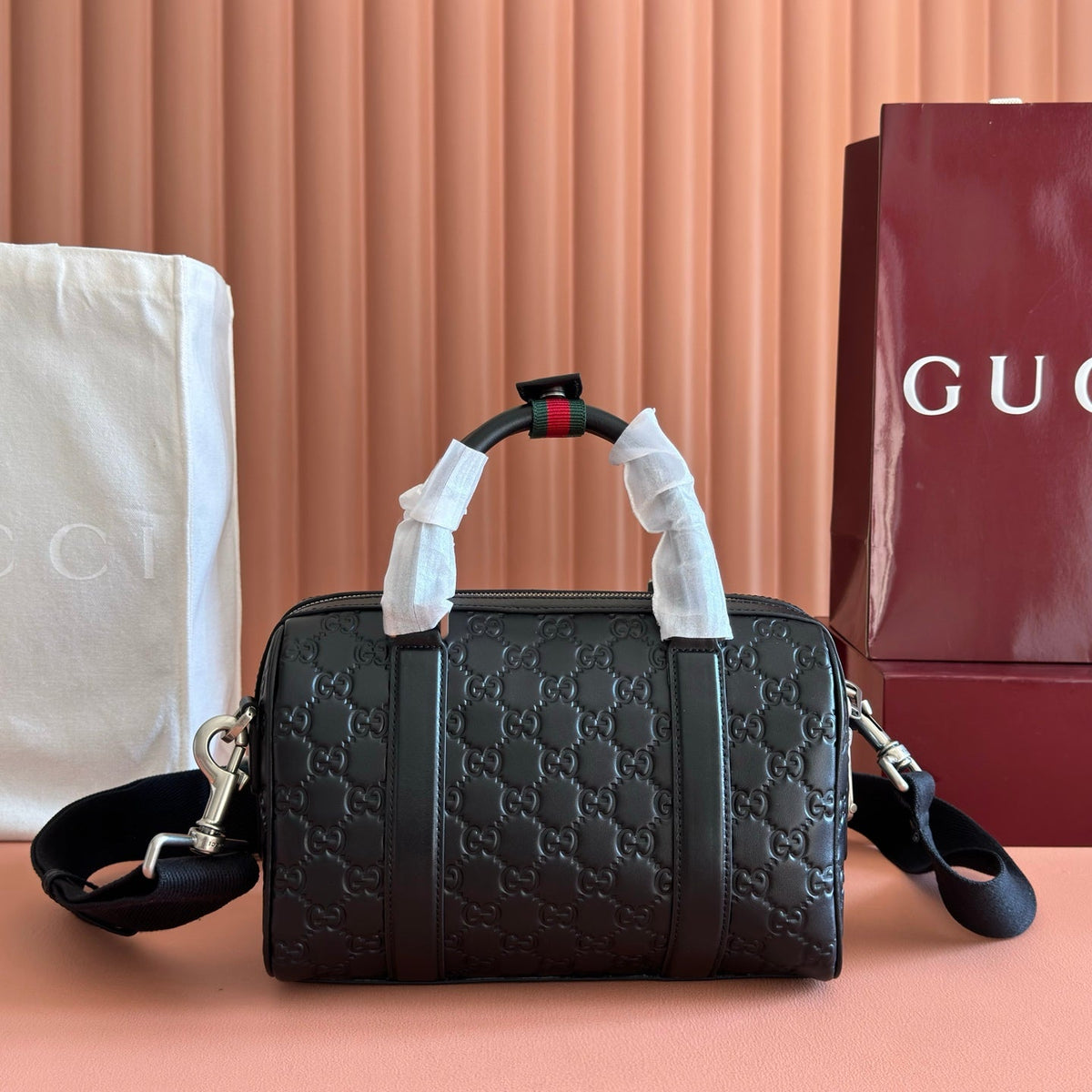 Gucci 26S Emblem Duffle Bag 25 in Black Embossed Calfskin