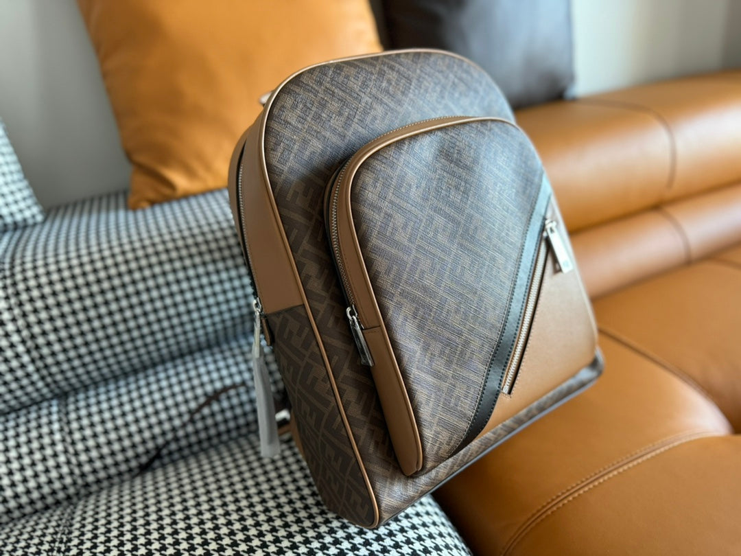 Fendi 44 Mini Backpack in Camel Brown Monogram Jacquard Fabric and Calfskin