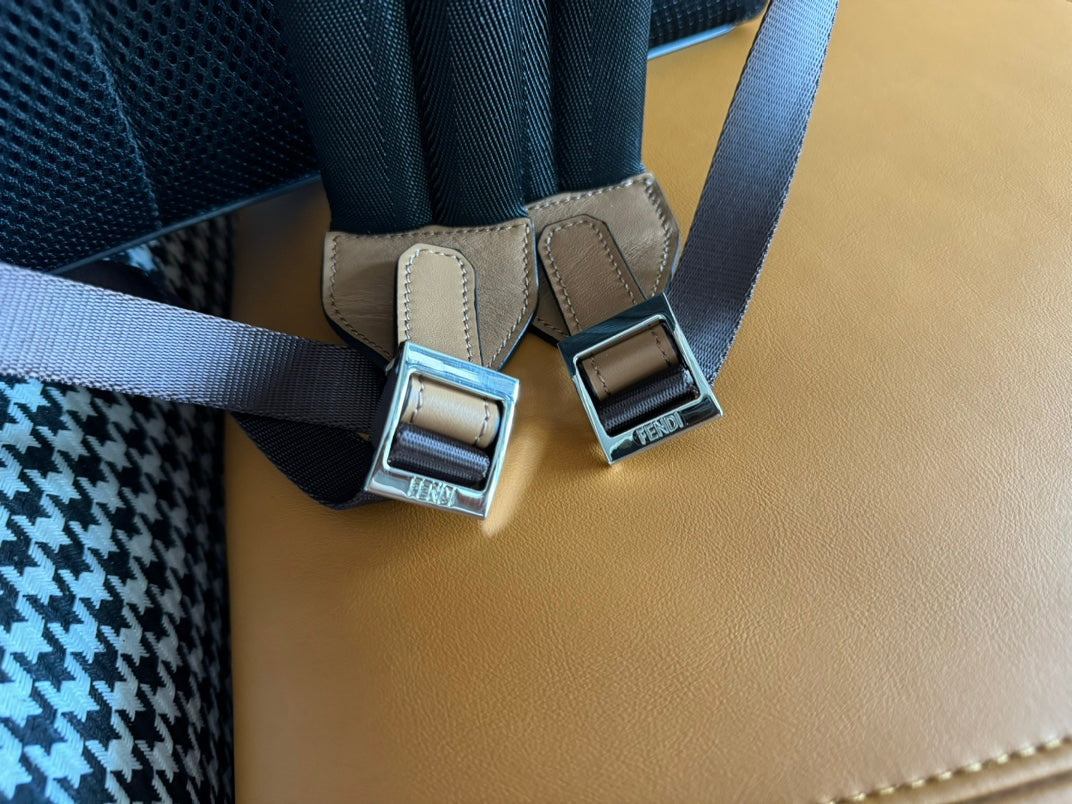 Fendi 44 Mini Backpack in Camel Brown Monogram Jacquard Fabric and Calfskin