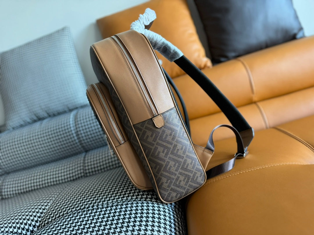 Fendi 44 Mini Backpack in Camel Brown Monogram Jacquard Fabric and Calfskin