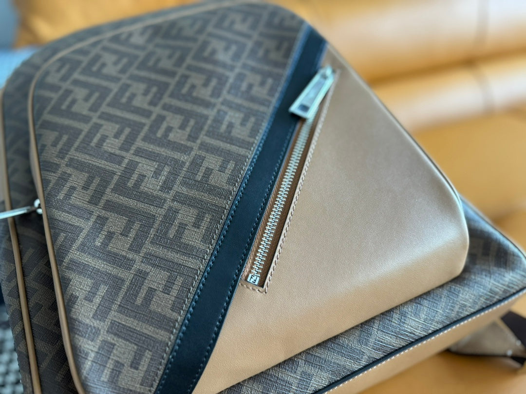 Fendi 44 Mini Backpack in Camel Brown Monogram Jacquard Fabric and Calfskin