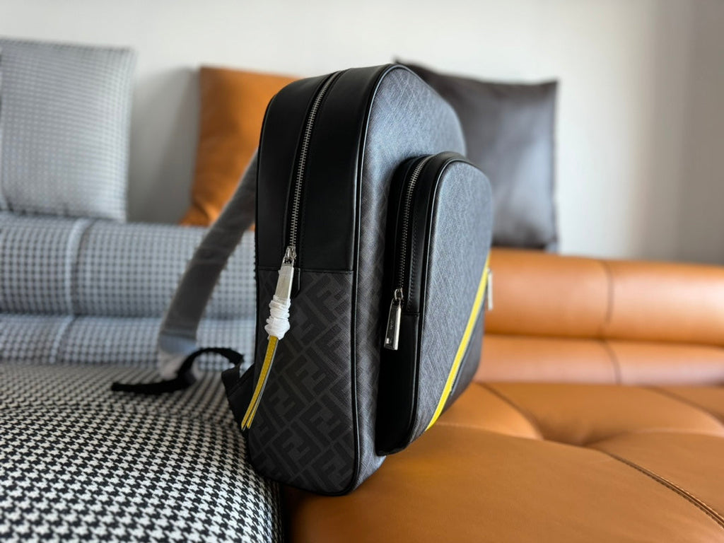 Fendi 44 Mini Backpack in Black Monogram Jacquard Fabric and Calfskin