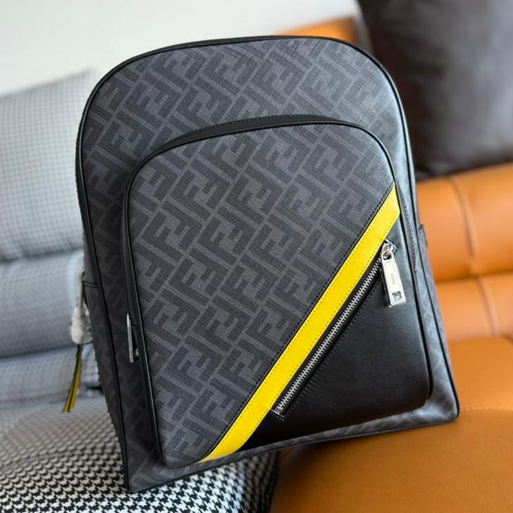 Fendi 44 Mini Backpack in Black Monogram Jacquard Fabric and Calfskin